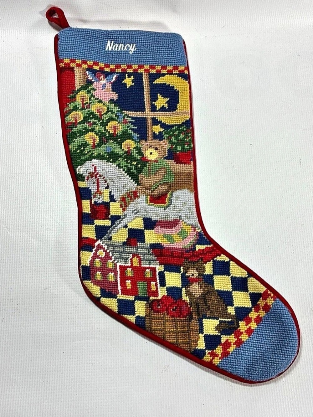 Personalized Needlepoint Christmas Stocking Blue & Red
